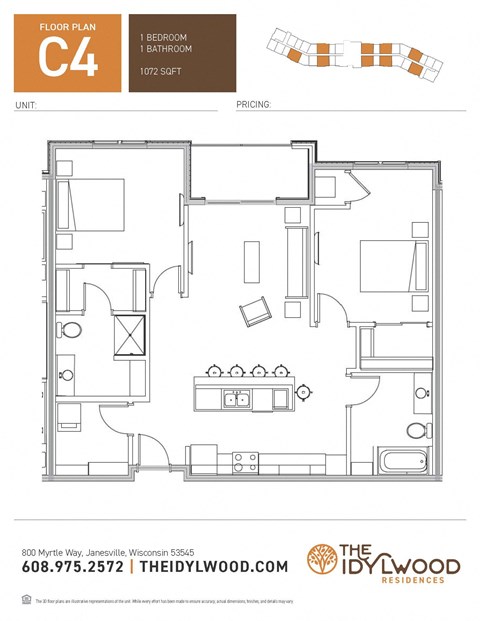 Floor plan for 2 beds, 2 baths, 1072 sqft
